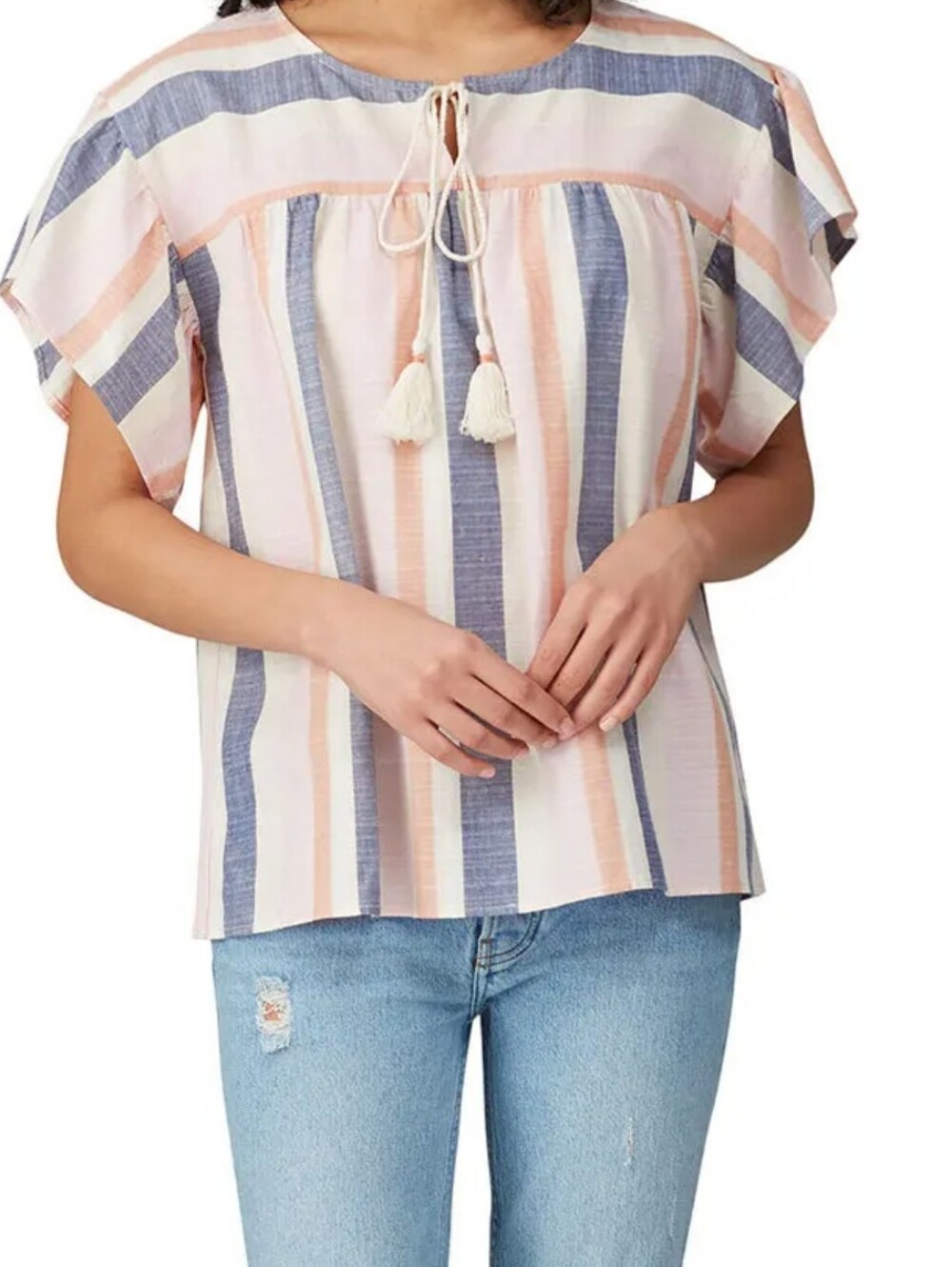 B COLLECTION BY BOBEAU Striped Tassel Tie Short Sleeve Top - Pink & Blue M